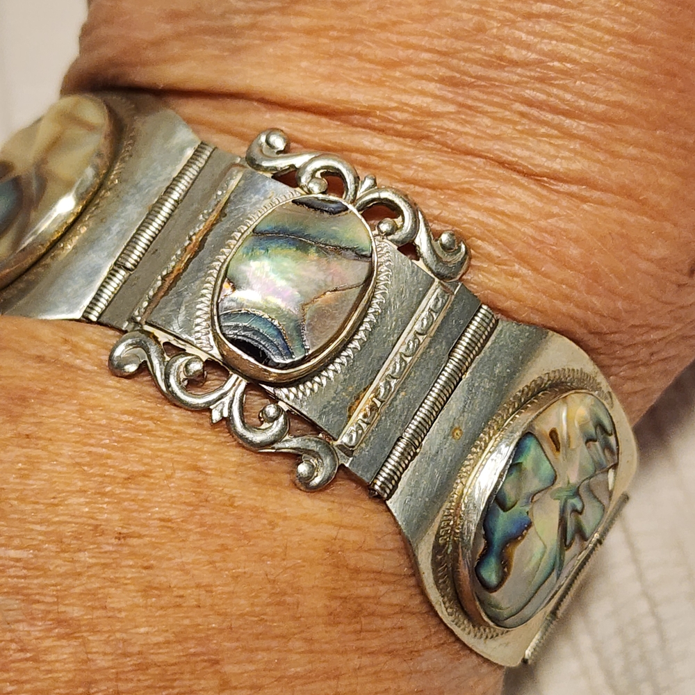 Vintage Taxco Sterling Silver 925 Abalone Panel Bracelet Mexico 7" Ornate - Picture 3 of 15